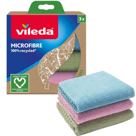 Ett set med 3 Vileda Microfibertrasor tillverkade av 100% återvunnen mikrofiber.