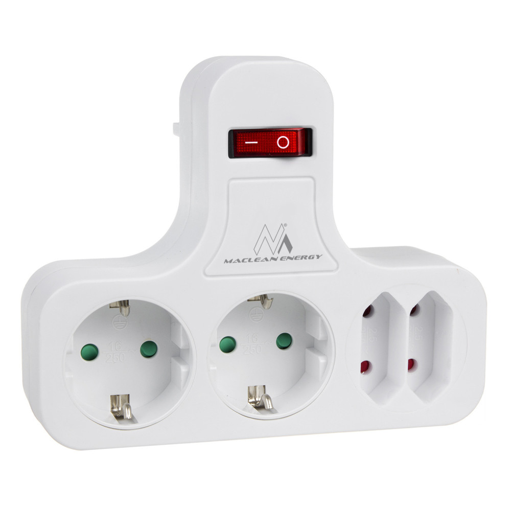 Eluttag Maclean, med fyra uttag och strömbrytare, stabiliserande fötter, Schuko-typ, 2x2.5A, 2x16A, MCE224G Eluttag Maclean, med fyra uttag och strömbrytare, stabiliserande fötter, Schuko-typ, 2x2.5A, 2x16A, MCE224G