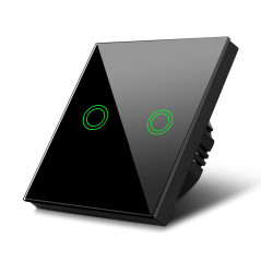 Tryckknapp för Maclean-ljus, dubbel, för trappor, korsformad glas, svart med rundad upplyst knapp, 86x86mm, MCE711B.