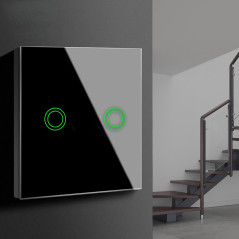 Tryckknapp för Maclean-ljus, dubbel, för trappor, korsformad glas, svart med rundad upplyst knapp, 86x86mm, MCE711B.