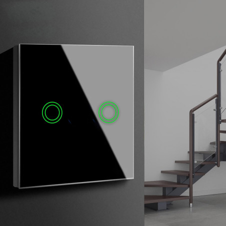 Tryckknapp för Maclean-ljus, dubbel, för trappor, korsformad glas, svart med rundad upplyst knapp, 86x86mm, MCE711B.