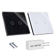 Tryckknapp för Maclean-ljus, dubbel, för trappor, korsformad glas, svart med rundad upplyst knapp, 86x86mm, MCE711B.