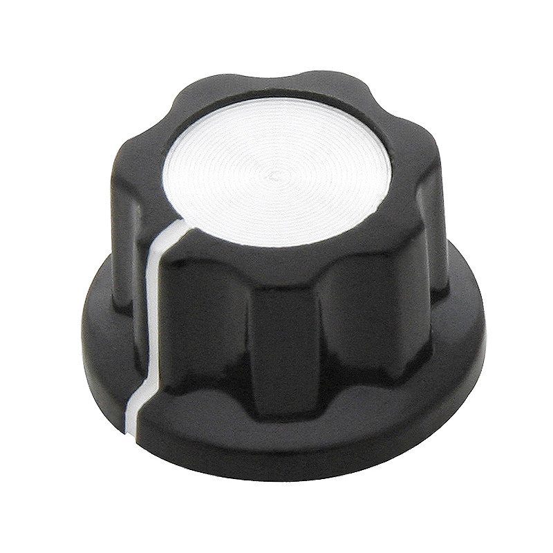8806 - Potentiometerknopp av bakelit med en diameter på 24 mm, svart/silver.