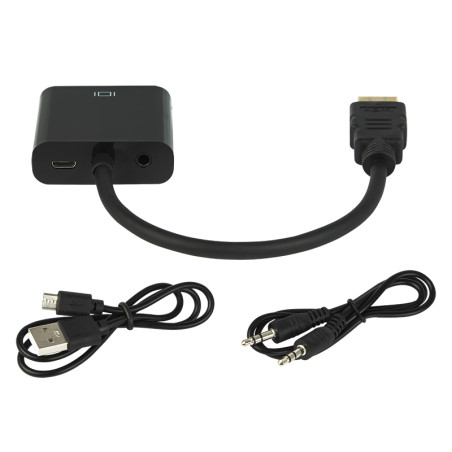 92-120- HDMI-omvandlare hane-till-VGA hona+honkontakt+3,5 mm honkontakt+mikrofonkontakt+kabel