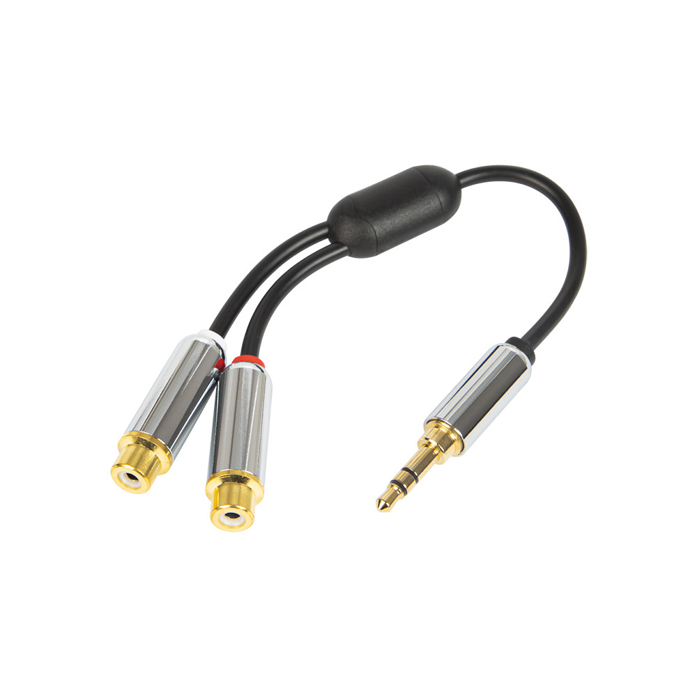 91-240- Splitter jack: kontakt 3,5 mm hane till 2 RCA hona med 15 cm metallkabel. 91-240- Splitter jack: kontakt 3,5 mm hane till 2 RCA hona med 15 cm metallkabel.