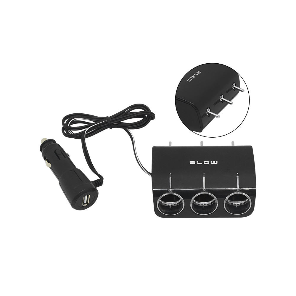 96-878- Rozgałęźnik zapalniczki samochodowej 1xwtyk/3xgniazdo+usb cs-34 z przełącznikami + kabel'