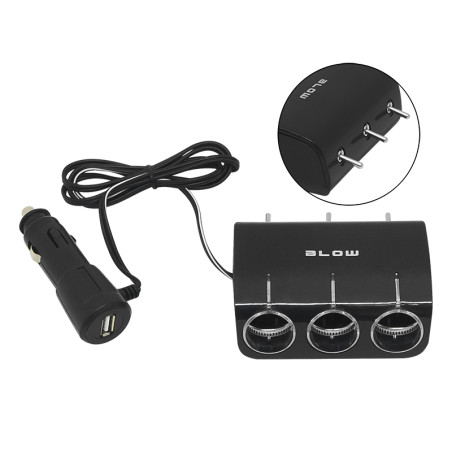96-878- Tändaruttagsgrenuttagare för bil 1xkontakt/3xuttag+usb cs-34 med strömbrytare + kabel