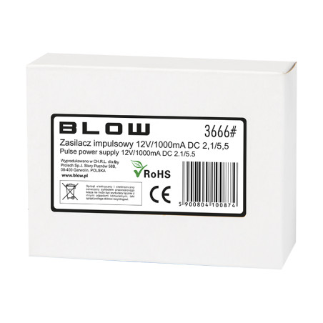 3666 - Switchad strömförsörjning 12v/1000ma dc 2.1/5.5 (+) för kameror